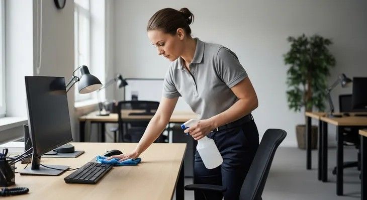 Dépoussiérage d’un poste de travail avec un chiffon et un vaporisateur